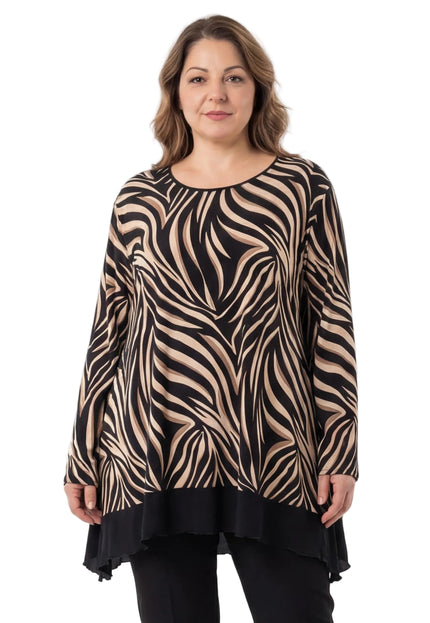 Елегантна асиметрична туника с вълнообразен десен в черно и капучино - големи размери