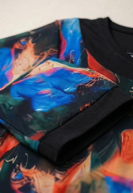 Официална разкроена туника с асиметричен шифон и цветен принт