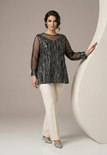 Официална разкроена туника с тюл и сребристи нишки