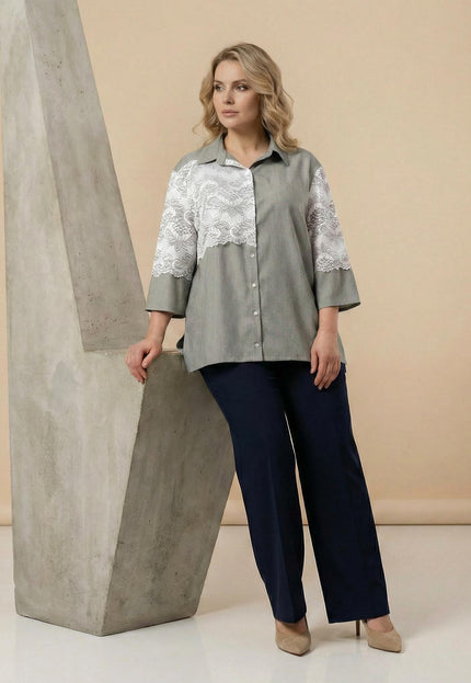 Официална макси риза от лен с дантела каки