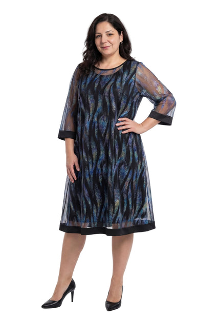 Rochie lungă de ocazie cu efect de două piese, șifon și piele ecologică, bleumarin