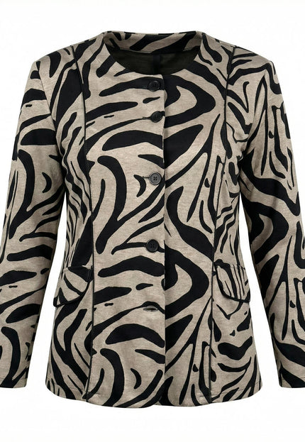 Официално дамско макси сако в бежово с ефектен десен и обло деколте