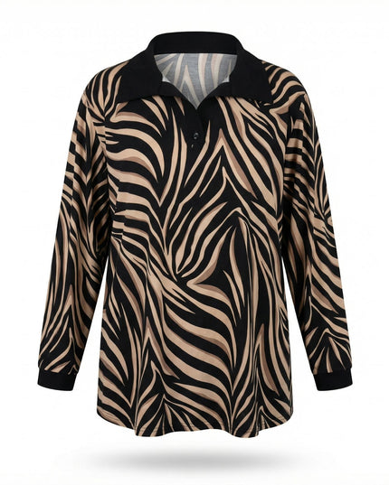 Елегантна макси туника с яка и зебра принт в черно и бежово – големи размери