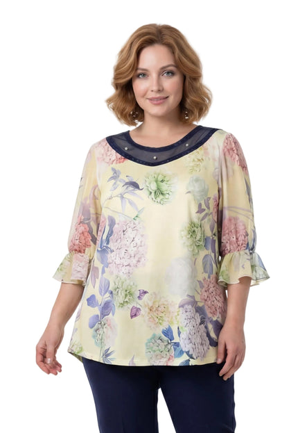 Официална разкроена макси туника на цветя в жълто с перли и тюл