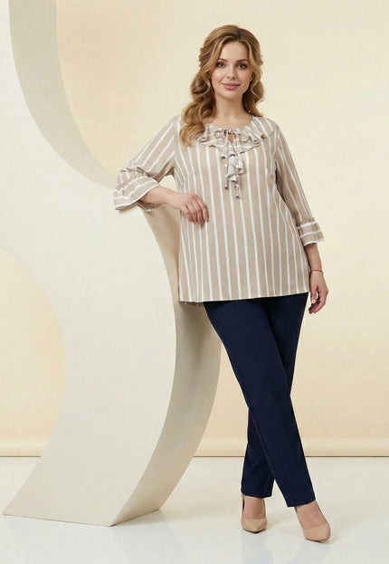 Официална разкроена туника на райе в бежово и бяло