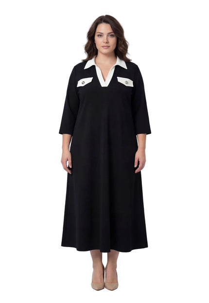 Черна официална макси рокля големи размери с контрастна яка