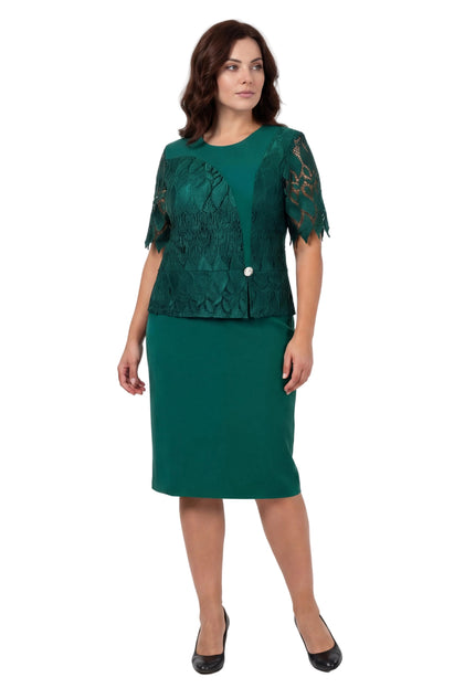 Rochie formală verde, din dantelă, cu broșă, mărimi mari