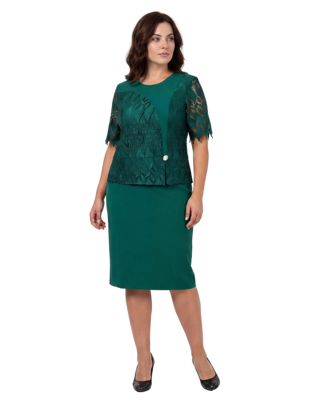 Rochie formală verde, din dantelă, cu broșă, mărimi mari