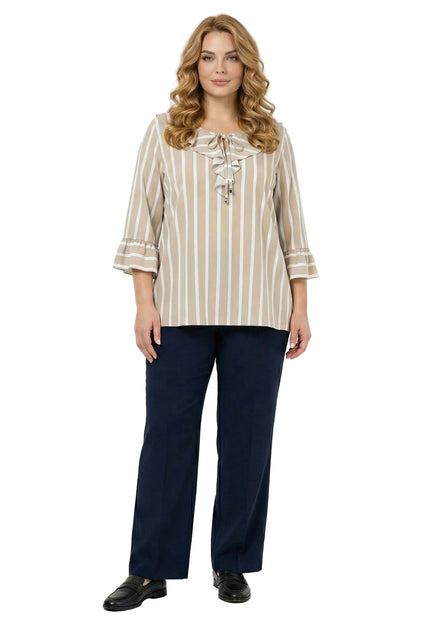 Официална разкроена туника на райе в бежово и бяло