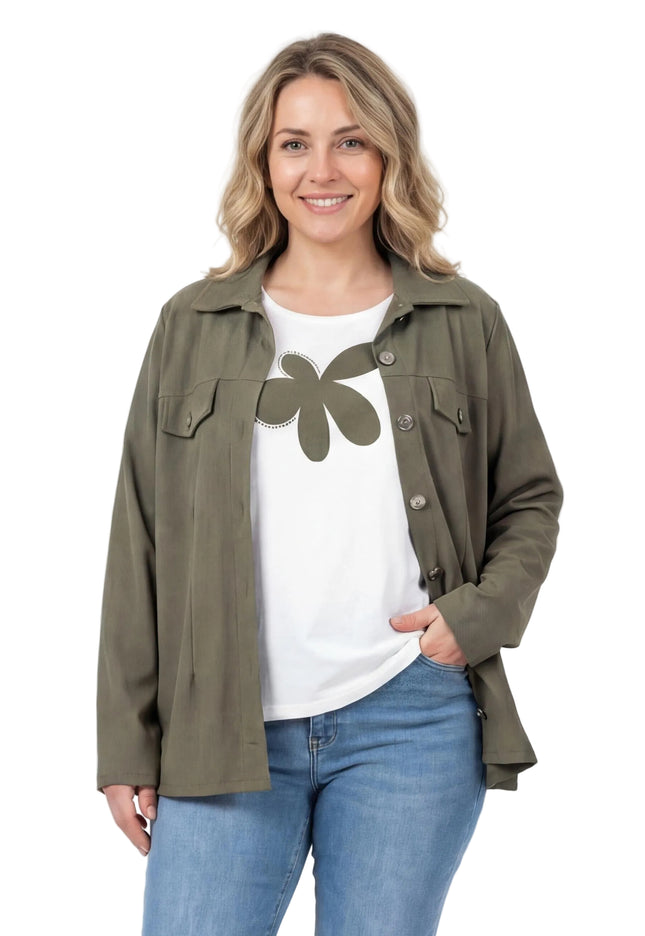 Дамски комплект от две части с тениска с щампа и сако каки