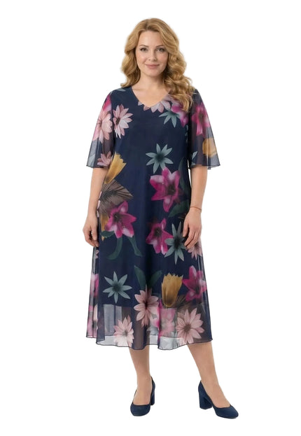 Официална тъмносиня макси рокля с ефирен флорален шифон