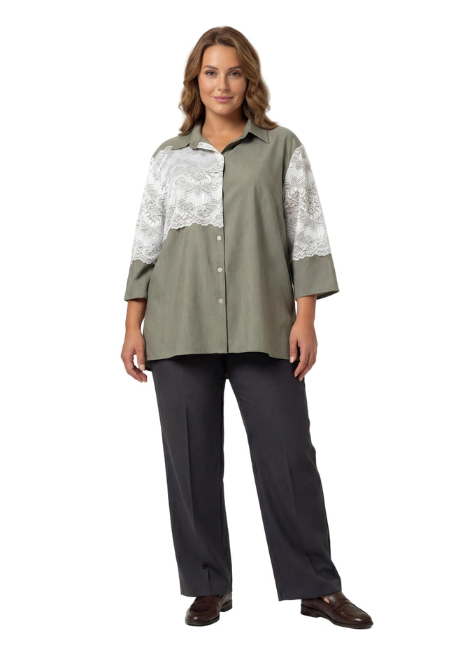 Официална макси риза от лен с дантела каки