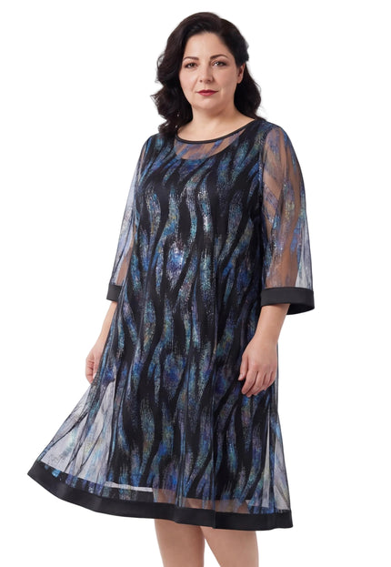 Официална макси рокля с ефект две части, шифон и еко кожа в тъмносиньо