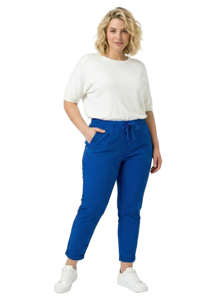 Дамски панталон големи размери в кралскосин цвят с ластик и връзки