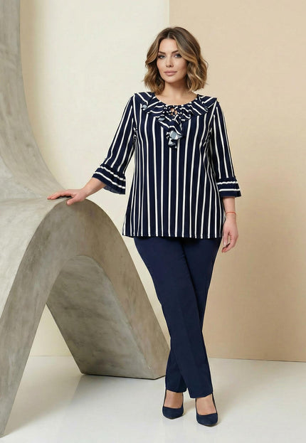 Официална макси туника на райе с връзки и 7/8 ръкав