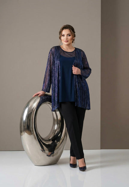 Set elegant de damă, de ocazie, cu tunică și vestă, bleumarin cu sclipici