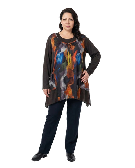 Елегантна разкроена туника с абстрактни цветя в големи размери