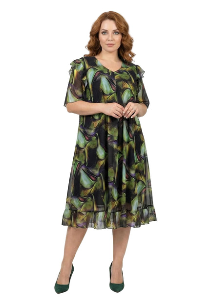 Официална шифонена рокля в пъстър десен с разкроена кройка