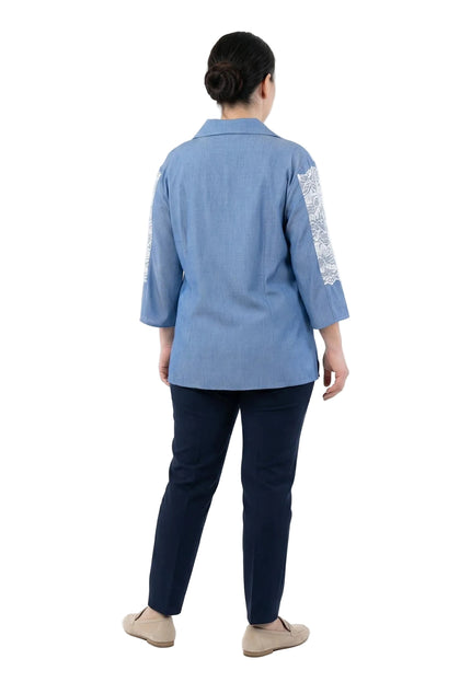 Елегантна синя макси риза от лен с дантела и 7/8 ръкав