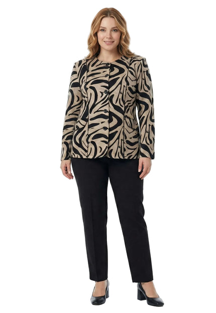 Официално дамско макси сако в бежово с ефектен десен и обло деколте