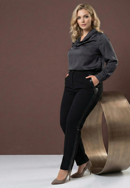 Pantaloni negri office cu bandă laterală din piele ecologică, mărimi mari