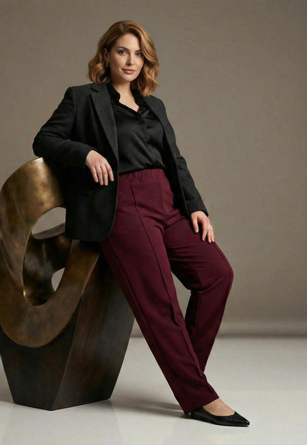 Pantaloni eleganți de damă, croi drept, culoarea bordo (Mărimi mari)