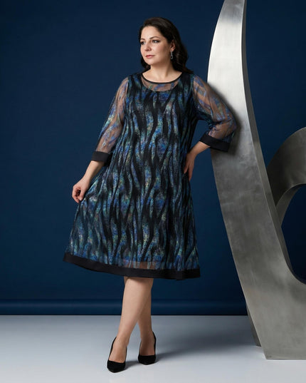 Официална макси рокля с ефект две части, шифон и еко кожа в тъмносиньо