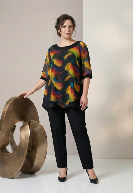 Официална макси туника с асиметричен пъстър шифон в черно