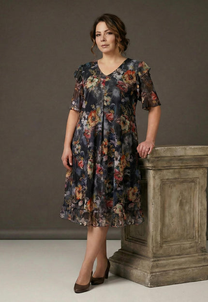 Официална разкроена рокля от шифон на цветя с еластична подплата