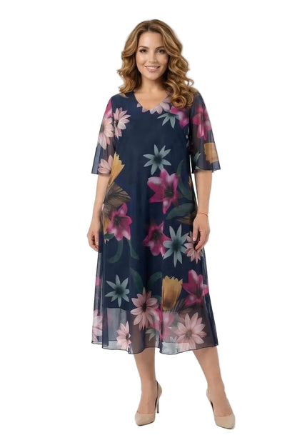 Официална тъмносиня макси рокля с ефирен флорален шифон