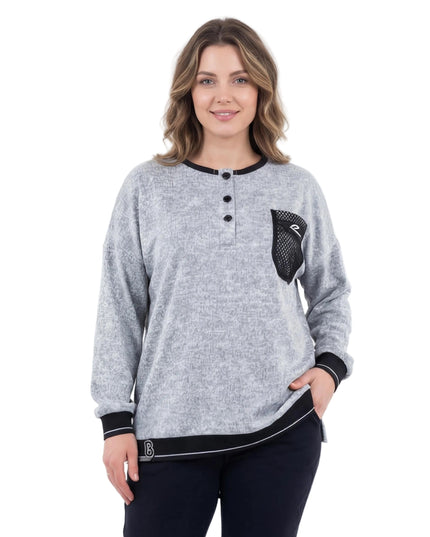 Светлосива туника меланж с декоративен джоб и мрежа