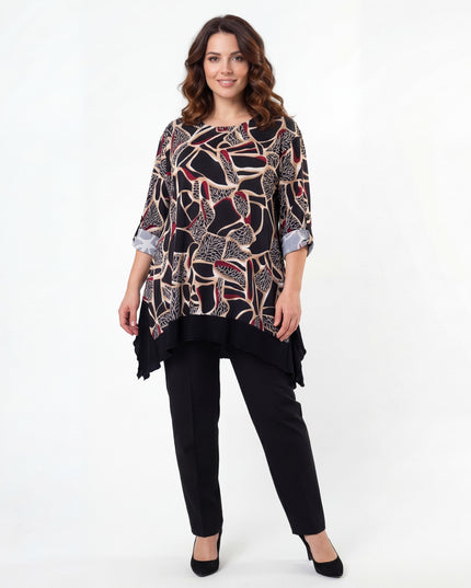 Елегантна разкроена макси туника с абстрактен вълнообразен принт