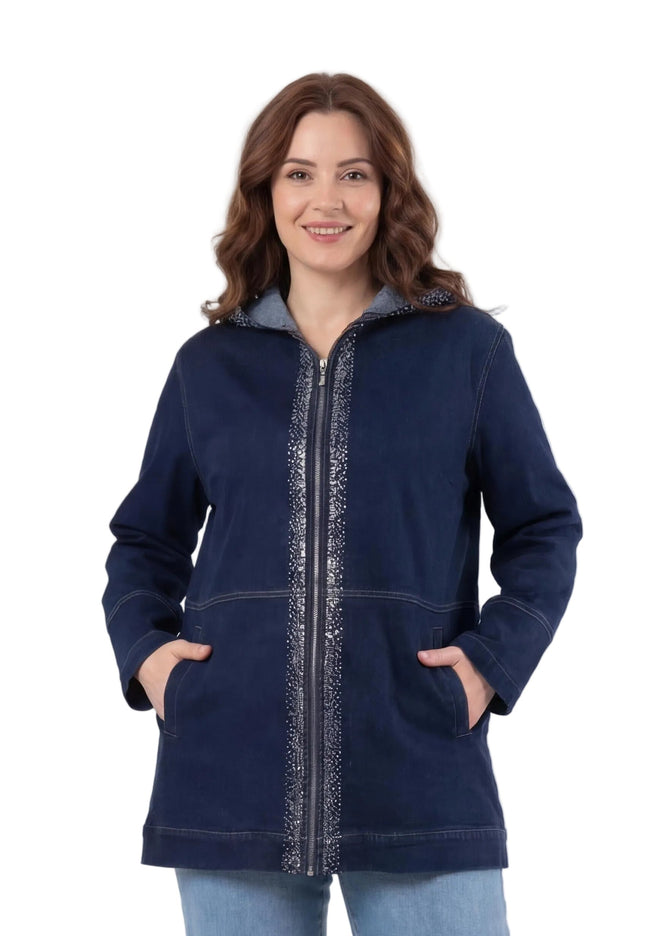 Дълго тъмносиньо макси дънково яке с качулка