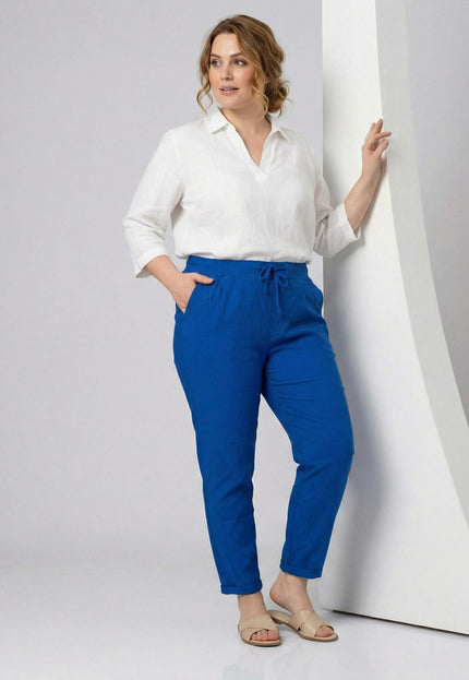 Дамски панталон големи размери в кралскосин цвят с ластик и връзки