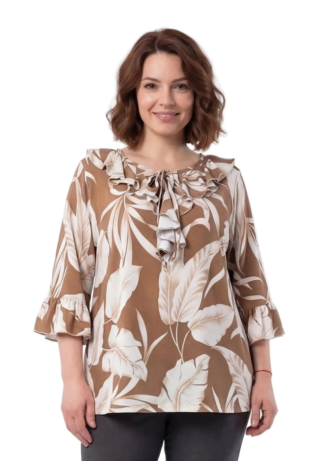 Официална разкроена туника в светлокафяво големи размери