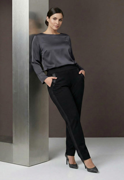 Pantaloni negri office cu bandă laterală din piele ecologică, mărimi mari