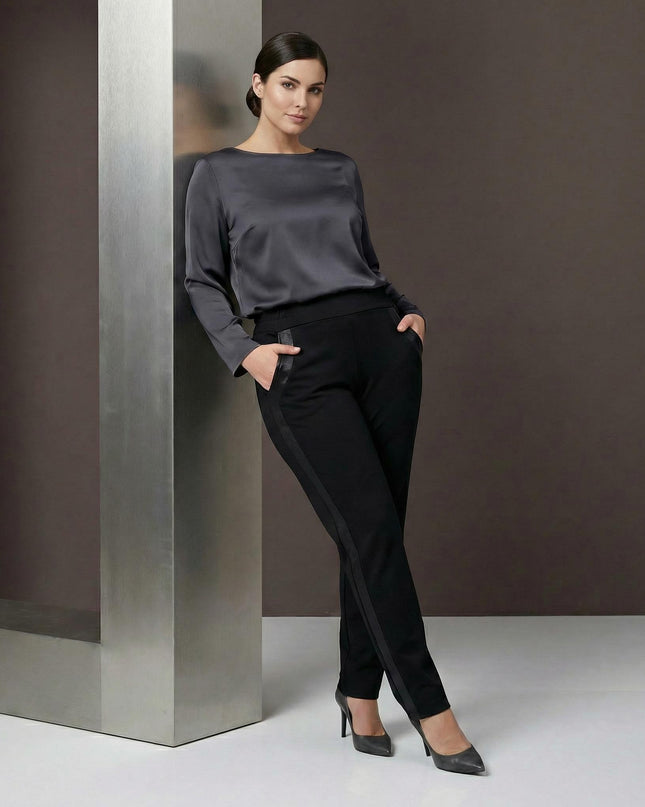 Pantaloni negri office cu bandă laterală din piele ecologică, mărimi mari