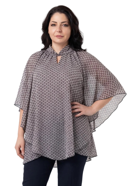 Ефирна шифонена туника с геометричен принт и пончо ефект в големи размери