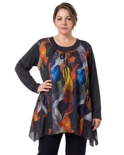 Елегантна разкроена туника с абстрактни цветя в големи размери