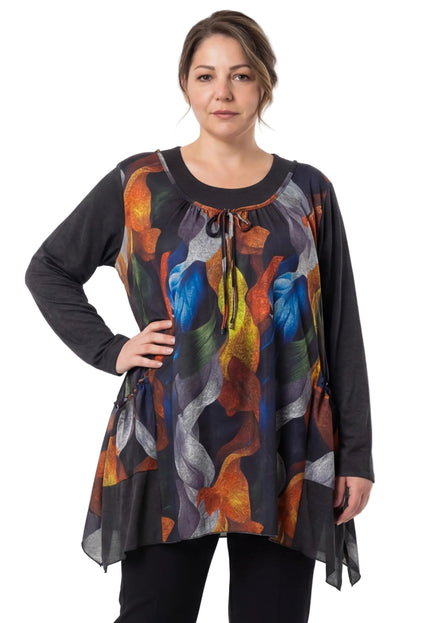 Елегантна разкроена туника с абстрактни цветя в големи размери