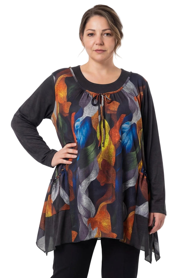 Елегантна разкроена туника с абстрактни цветя в големи размери