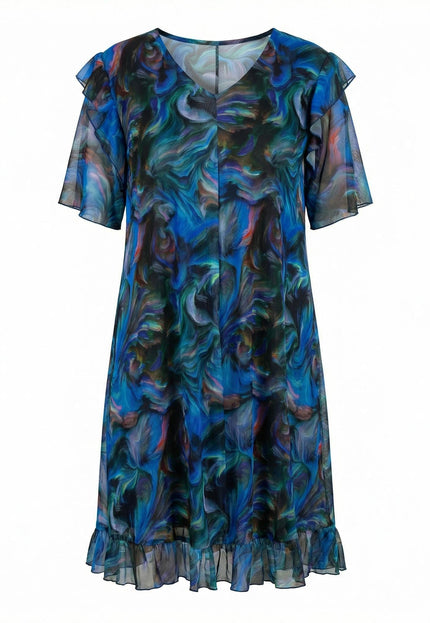 Шарена официална рокля големи размери с ефектен ръкав и шифон