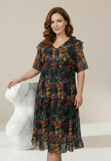 Официална макси рокля от цветен шифон с ефектен ръкав