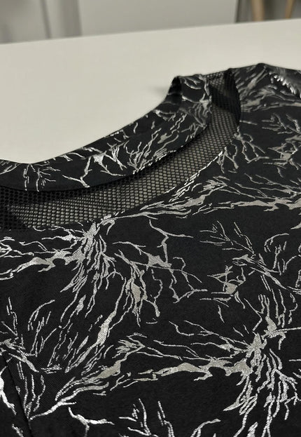 Черна официална макси туника с мрежести детайли и сребрист принт