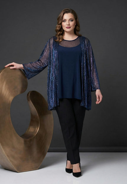 Set elegant de damă, de ocazie, cu tunică și vestă, bleumarin cu sclipici