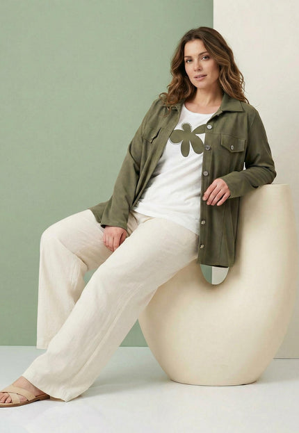 Дамски комплект от две части с тениска с щампа и сако каки