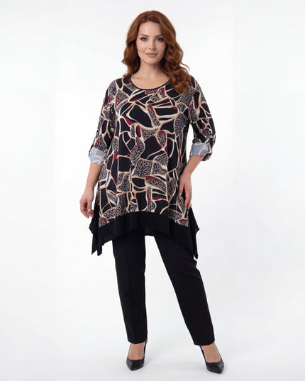 Елегантна разкроена макси туника с абстрактен вълнообразен принт