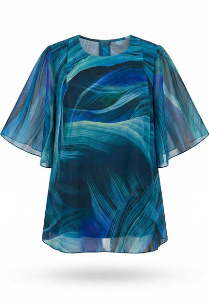 Официална разкроена макси туника от шифон в синьо с абстрактен принт