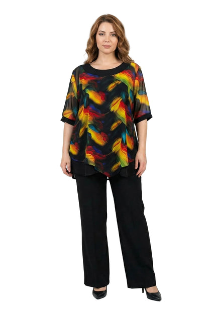 Официална макси туника с асиметричен пъстър шифон в черно