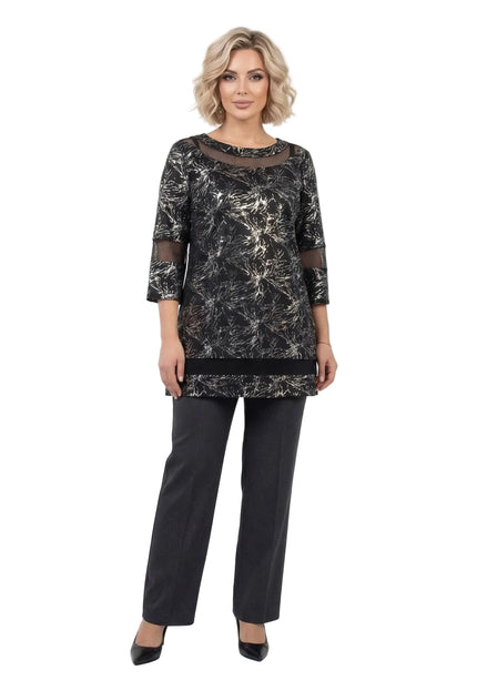 Черна официална макси туника с мрежести детайли и сребрист принт